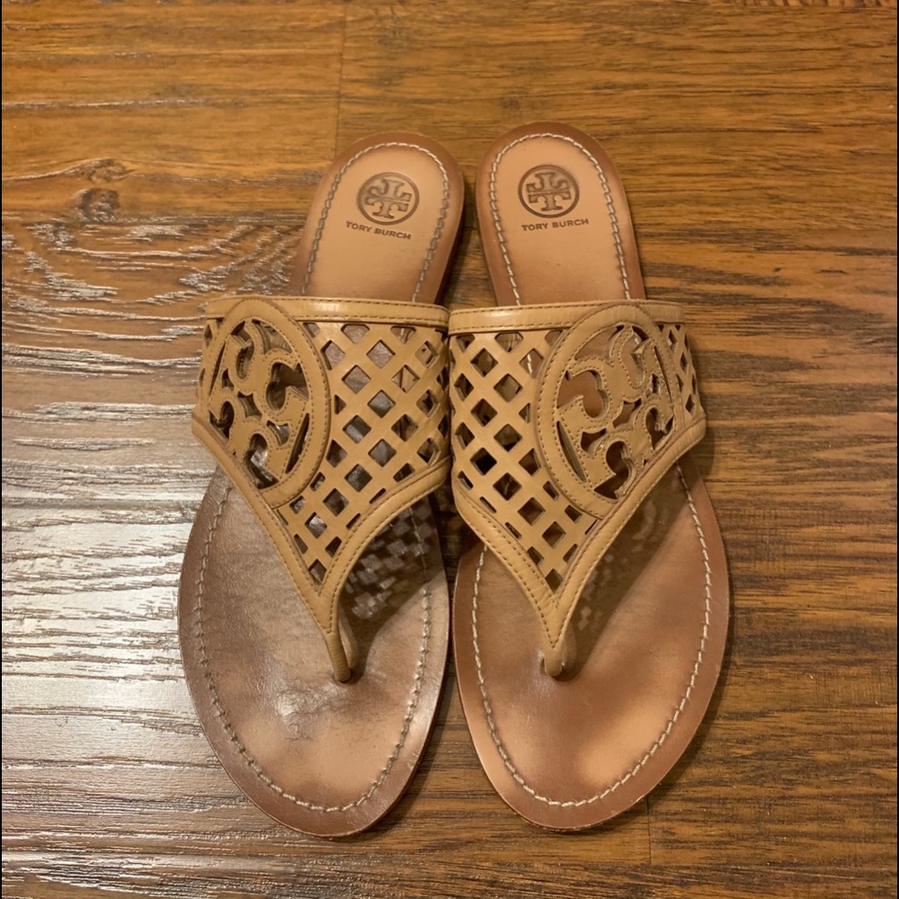 Tory Burch Sz 11 Thatched Perf Logo Thong Tan